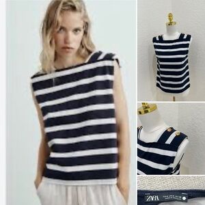 Zara Shoulder Pad Stripe Top with Gold Buttons Navy and White